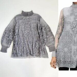 Soft Surroundings Tunic Top 100% Silk Embroidered Lace Chiffon Size Petite M